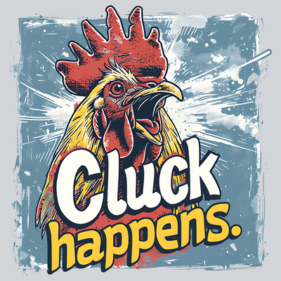Cluck Happens, Farmhouse Transfers, Rooster Design, Chicken, Blue Background, Creative Minds, Small Business Owners, DTF Transfer