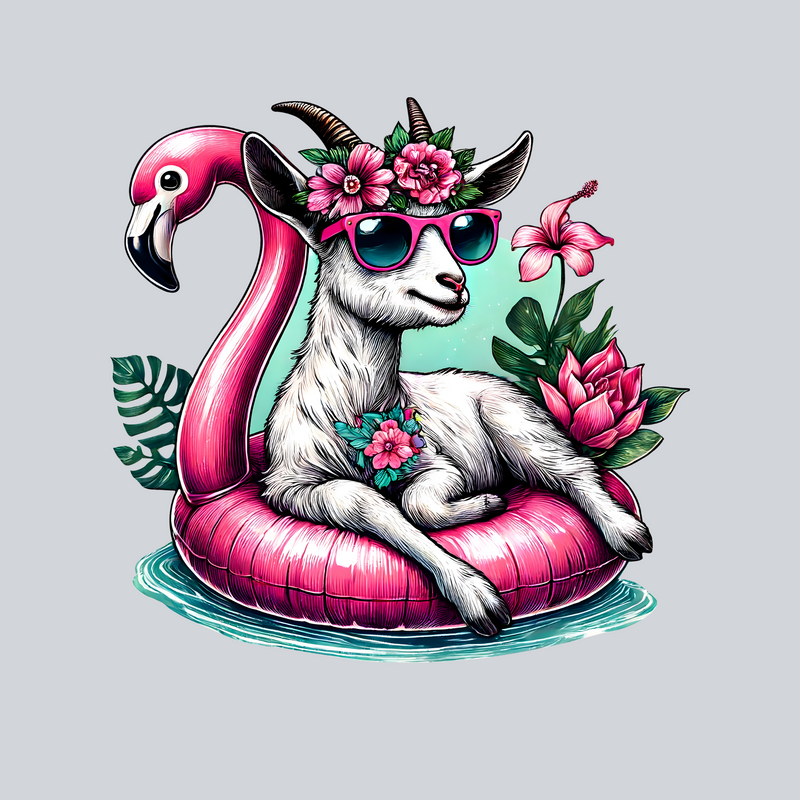 Summer Goat Transfers, Animal Transfers, Goats, Fun Illustrations, Summer Vibes, Tropical Flowers, Flamingo Float, Sunglasses, Summer Theme, DTF Transfer