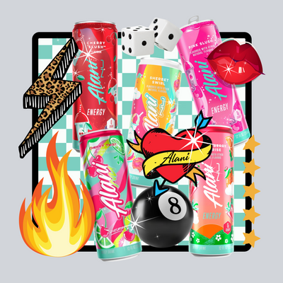 Alani Energy, Beverage Transfers, Cherry Slushy, Pink Swirl, Sherry Swirl, Dice, Lightning Bolt, Leopard Print, Flames, Stars, Allani Logo, DTF Transfers