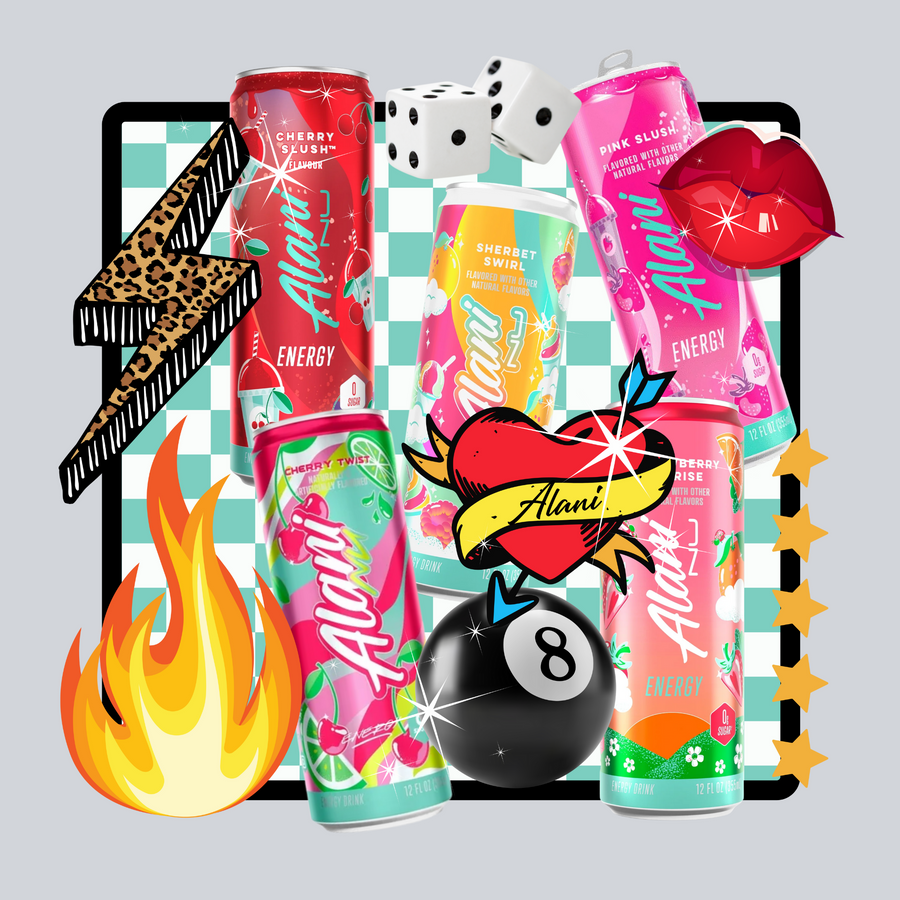 Alani Energy, Beverage Transfers, Cherry Slushy, Pink Swirl, Sherry Swirl, Dice, Lightning Bolt, Leopard Print, Flames, Stars, Allani Logo, DTF Transfers