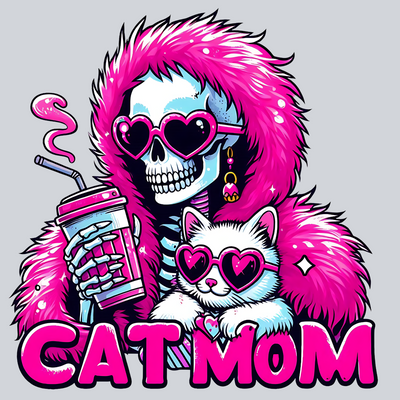 Cat Mom, DTF Transfers, Skelly Girl, Halloween, Skull Graphic, Pink Fur Coat, Cute Style, Animal Lover Designs, DTF Transfer