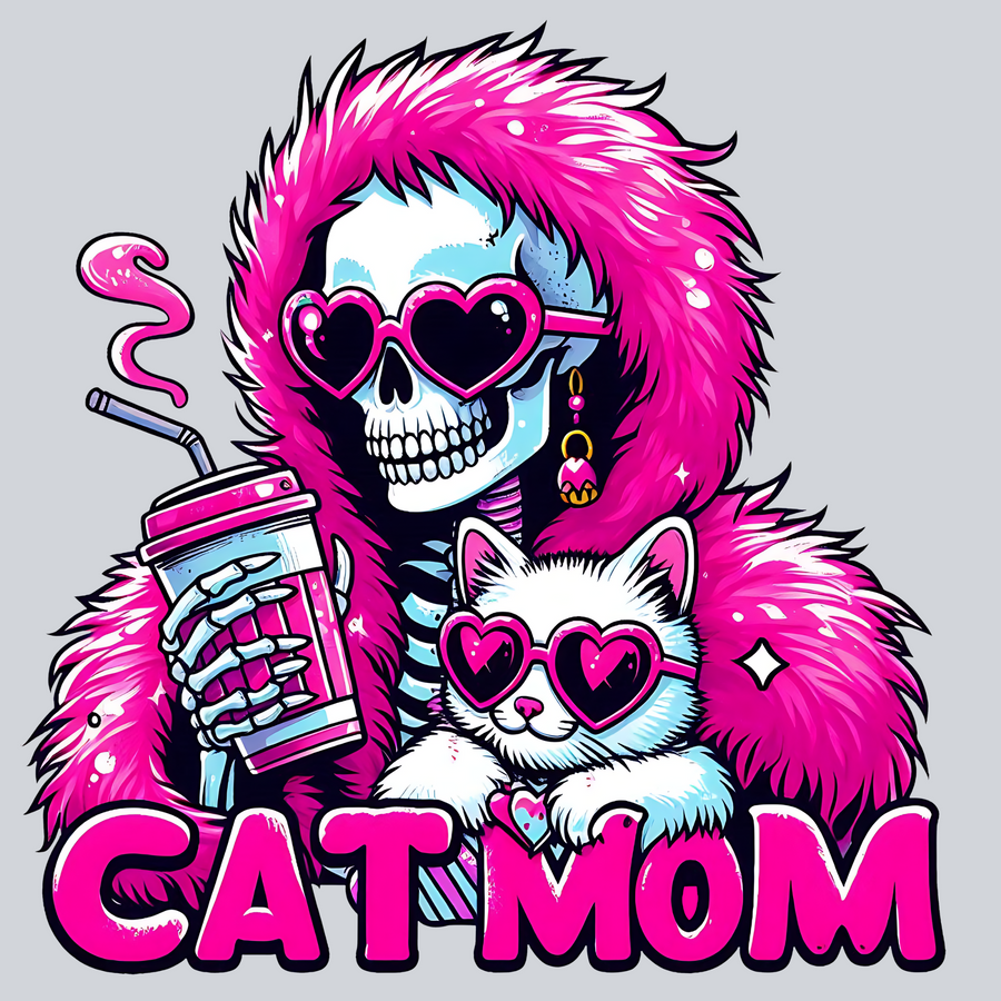 Cat Mom, DTF Transfers, Skelly Girl, Halloween, Skull Graphic, Pink Fur Coat, Cute Style, Animal Lover Designs, DTF Transfer
