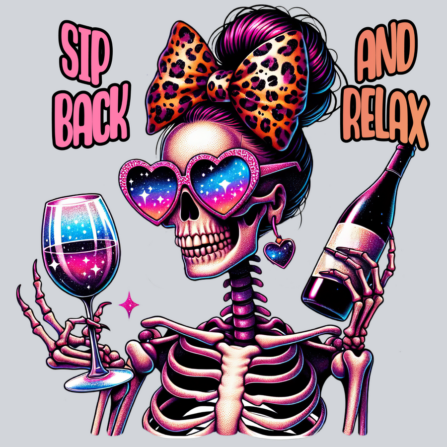 Skelly Girl, Halloween DTF Transfer, Sip Back And Relax, Vintage Style, Skull Designs, Wine Theme, Leopard Print Bow, Funny Transfer, DTF Transfer
