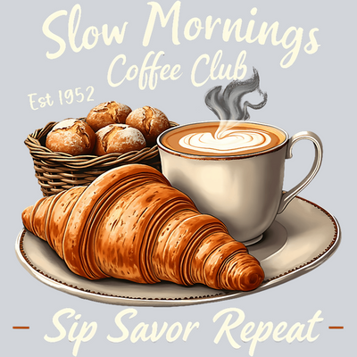 Slow Mornings Coffee Club, Coffee Transfers, Inspirational Mug Designs, Coffee Cups, Vintage Style, Est. 1952, DTF Transfer