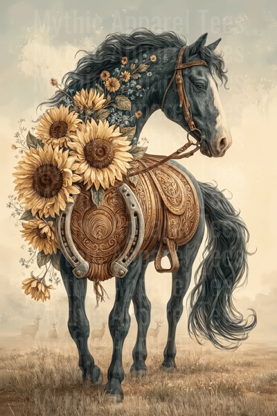 Dark Horse with Tooled Western Saddle Horseshoe and Sunflowers Boho Floral Country