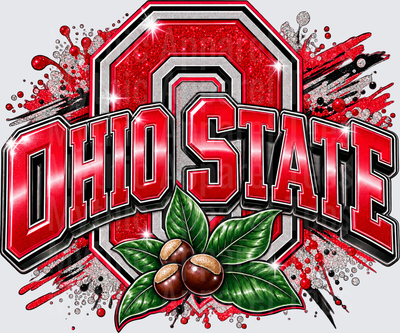 Ohio State Buckeyes Glitter Block O Logo with Buckeye Nuts and Leaves Scarlet and Gray Sparkle Design
