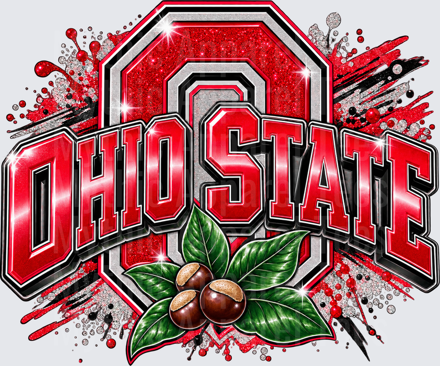 Ohio State Buckeyes Glitter Block O Logo with Buckeye Nuts and Leaves Scarlet and Gray Sparkle Design