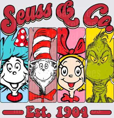 Dr. Seuss & Co. Est. 1904 Thing One, Cat in the Hat, Cindy Lou Who, and The Grinch Four Panel Character Collage