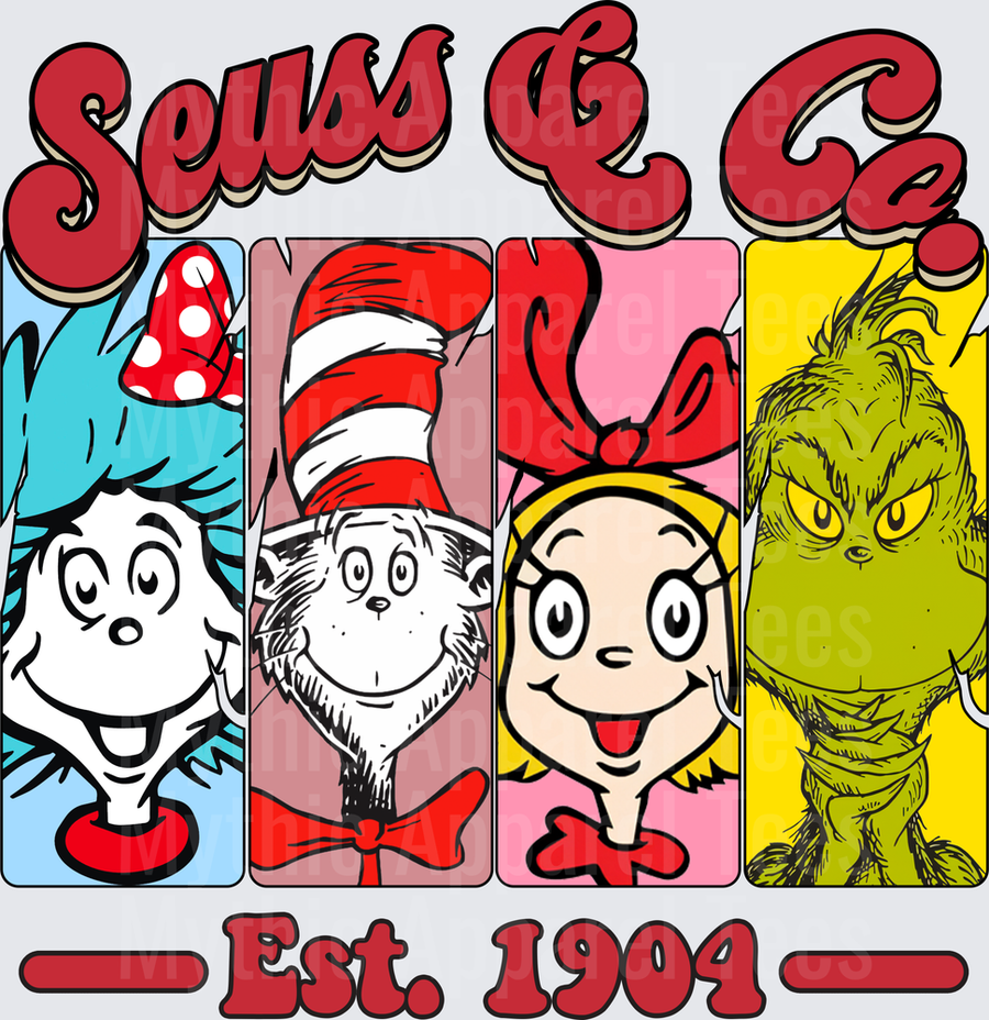 Dr. Seuss & Co. Est. 1904 Thing One, Cat in the Hat, Cindy Lou Who, and The Grinch Four Panel Character Collage