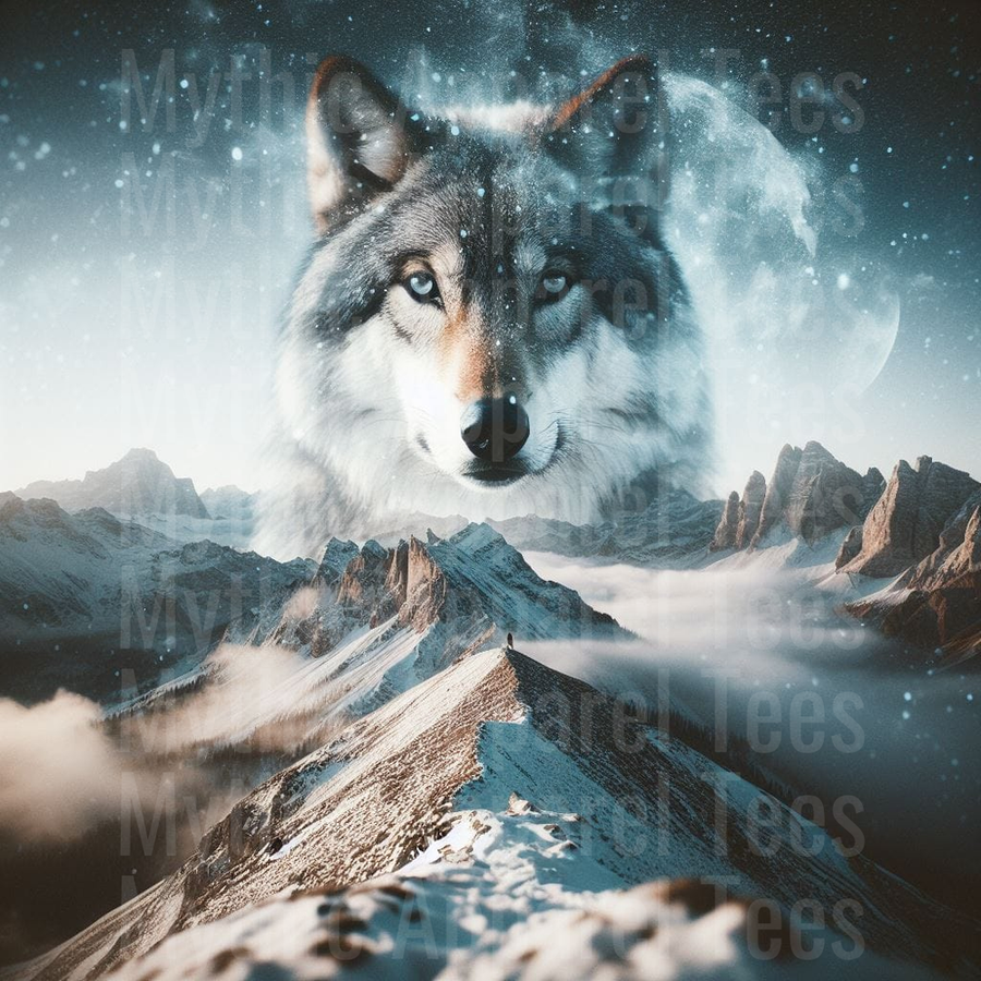 Majestic Blue-Eyed Wolf Spirit Double Exposure Snowy Mountain Peak Full Moon Starry Night Sky Lone Figure Summit
