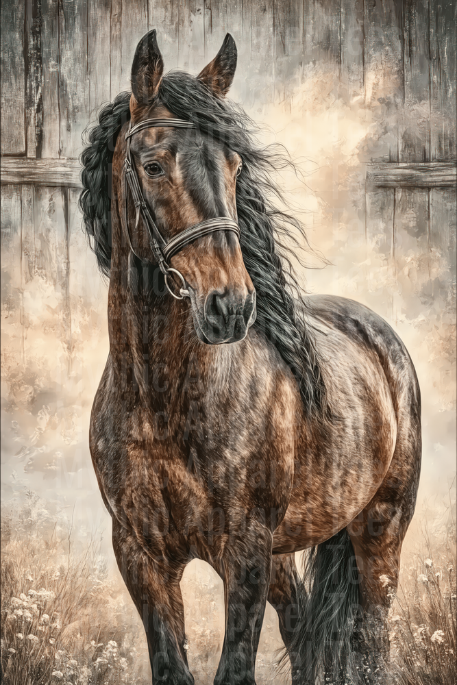 Majestic Dapple Bay Horse with Flowing Black Mane and Silver Bridle Against Rustic Barn Wood Background
