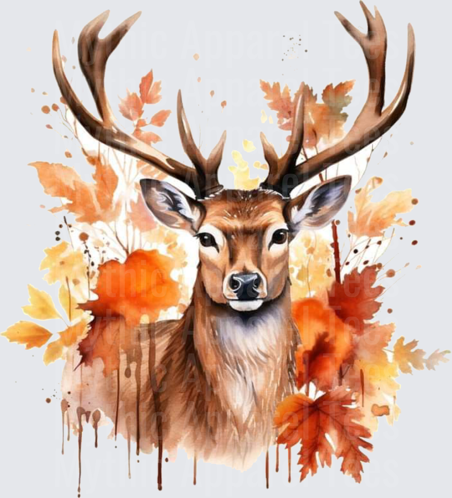 Watercolor Buck Deer Portrait Surrounded by Fall Autumn Leaves with Paint Drip Effect