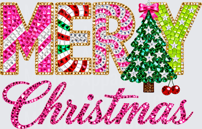 Merry Christmas Rhinestone Jewel Bling Candy Cane Tree Pink Glitter Holiday Design