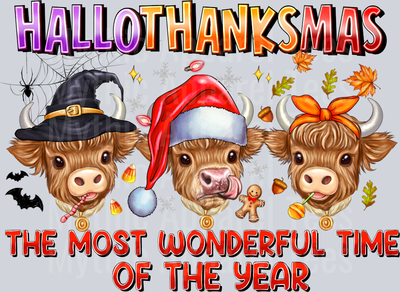 Hallothanksmas The Most Wonderful Time Of The Year Cow Halloween Thanksgiving Christmas Highland Cow