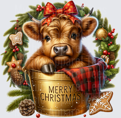 Highland Christmas Cow in Gold Merry Christmas Bucket Wreath