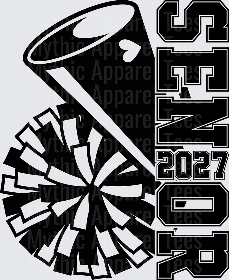 Cheer Senior 2027 Megaphone and Pom Pom Black and White Bold Varsity Letters