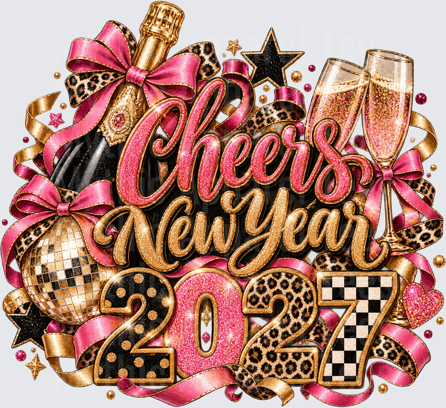 Cheers New Year 2027 Pink Glitter Leopard Print Champagne Disco Ball Celebration Design