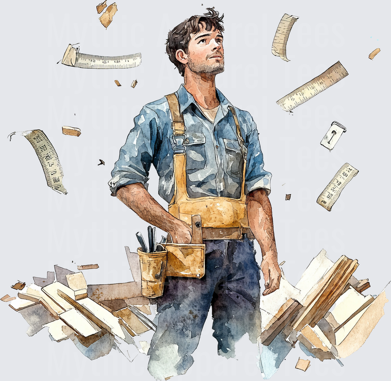 Watercolor Carpenter Surrounded by Flying Rulers and Wood Scraps with Tool Belt