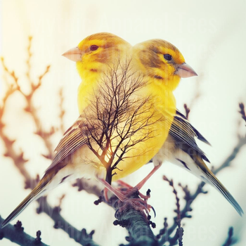 Two Yellow Canaries Double Exposure with Bare Winter Tree Silhouette and Sunset Perched on Branch