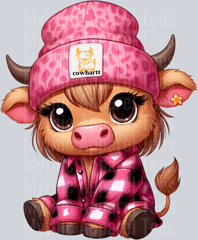 Black and white and pink shirt brown DTF CowHartt Highland Cow Transfers