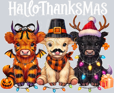 Happy Hallothanksmas Highland Cow Halloween Merry Christmas T-Shirt
