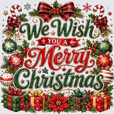 We Wish You A Merry Christmas Buffalo Plaid Bow Holly Ornaments Candy Cane Gift Boxes Poinsettia Holiday Festive Design
