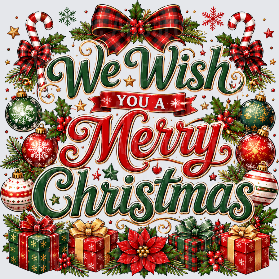 We Wish You A Merry Christmas Buffalo Plaid Bow Holly Ornaments Candy Cane Gift Boxes Poinsettia Holiday Festive Design