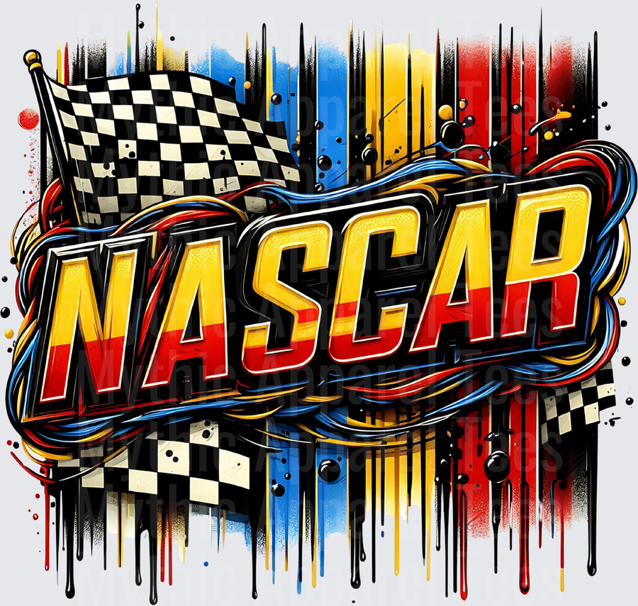 NASCAR Bold Graffiti Style Lettering with Checkered Racing Flags and Colorful Paint Drip Splatter