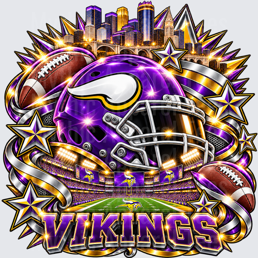 Minnesota Vikings Purple Gold Helmet Stadium Skyline Bold Graphic with Stars and Footballs