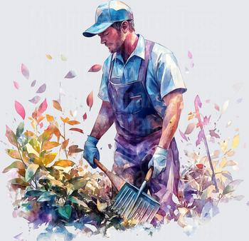 Watercolor Gardener Man in Blue Overalls and Cap Digging with Pitchfork Surrounded by Colorful Leaves