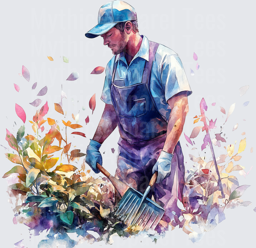 Watercolor Gardener Man in Blue Overalls and Cap Digging with Pitchfork Surrounded by Colorful Leaves