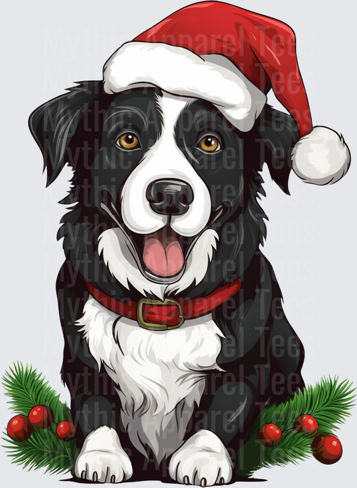 Happy Border Collie Santa Hat Christmas Holly Berries Holiday Dog