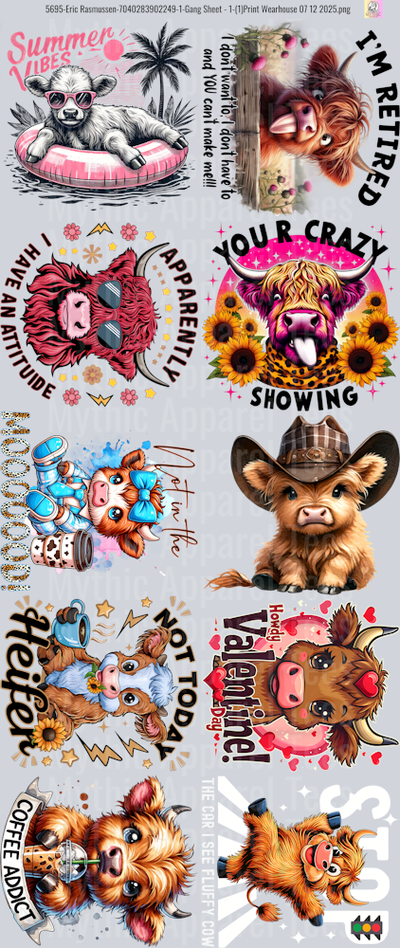 Funny Highland Cow GANG SHEET 10 FULL SIZE IMAGES