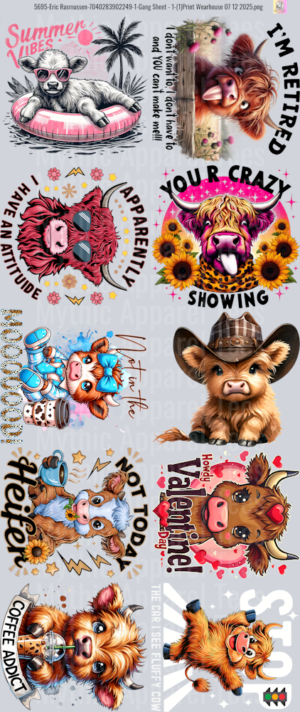 Funny Highland Cow GANG SHEET 10 FULL SIZE IMAGES
