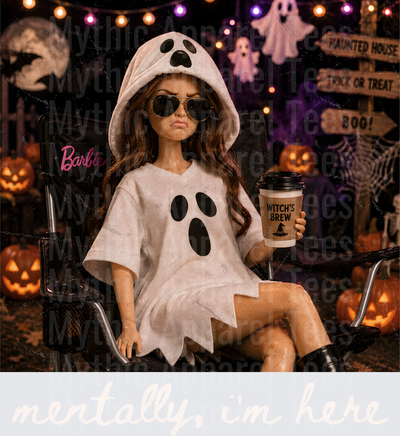 Sassy Barbie Doll Halloween Ghost Costume Aviator Sunglasses Witch's Brew Coffee Mentally Im Here Pumpkin Spooky