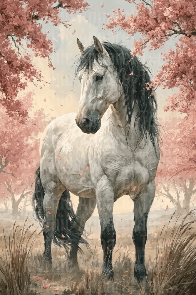 Majestic White Horse with Dark Flowing Mane Among Pink Cherry Blossom Trees