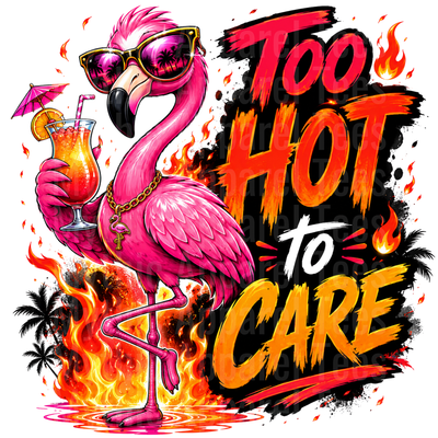 Flamingo Too Hot To Care Sassy Pink Bird with Cocktail and Flames