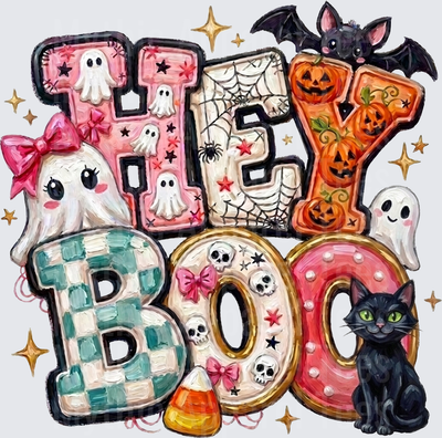 Halloween Hey Boo Groovy Letters Ghost Bat Black Cat Design