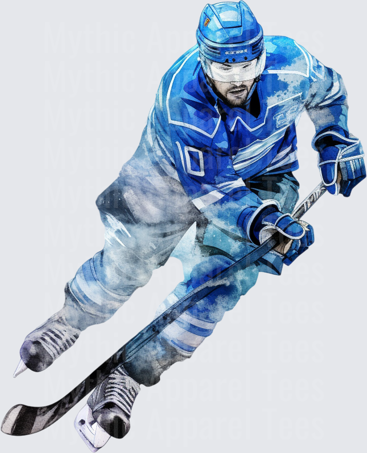 Ice Hockey Player Watercolor Blue Jersey Action Skating Art