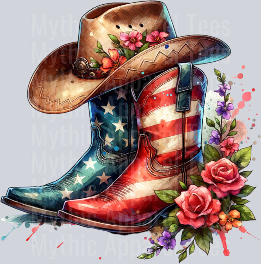Western Cowboy Boots American Flag DTF Patriotic Transfers
