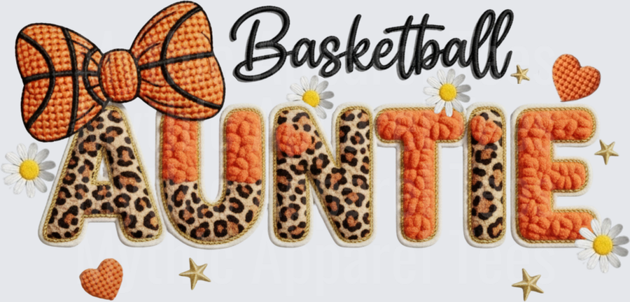Basketball Auntie Leopard Print Chenille Letter Design with Basketball Bow Daisy Flowers and Hearts