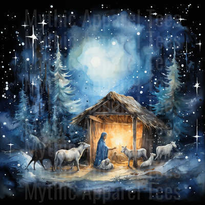 Nativity Scene Watercolor Starry Night Manger Mary Baby Jesus