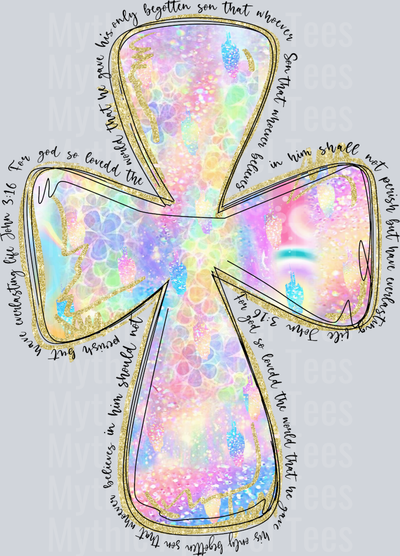 Iridescent Cross with religious text DTF Religious Transfers