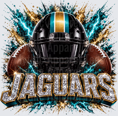 Rhinestone Style NFL Jacksonville Jaguars Black Helmet Football Lightning Explosion Teal Gold Diamond Bling Lettering