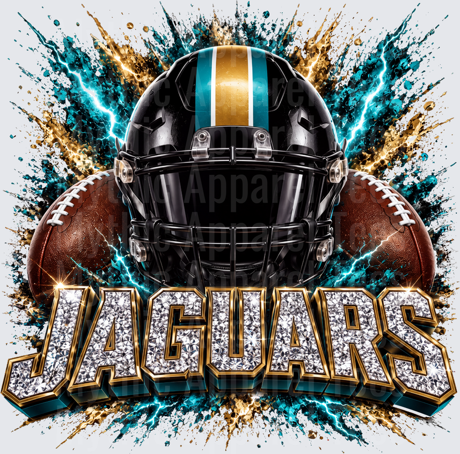 Rhinestone Style NFL Jacksonville Jaguars Black Helmet Football Lightning Explosion Teal Gold Diamond Bling Lettering