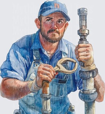 Watercolor Plumber Mechanic Man in Blue Overalls Holding Pipe Wrench and Large Bolt