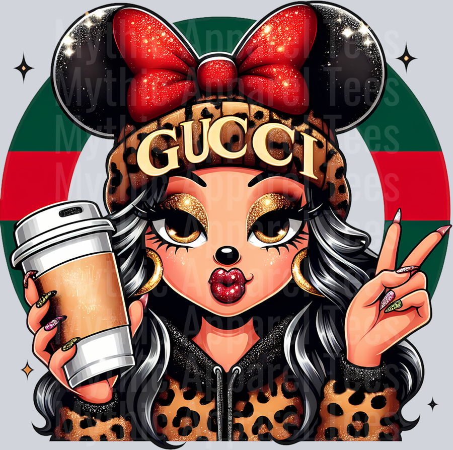 Sassy girl Minnie coffee Leopard Print Disney DTF Gucci Mickey Transfers