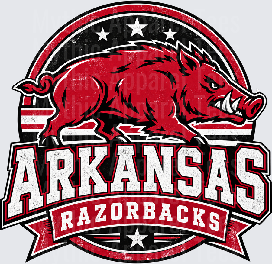 Football Arkansas Razorbacks Vintage Round Badge with Wild Boar Stars and Stripes Distressed Design