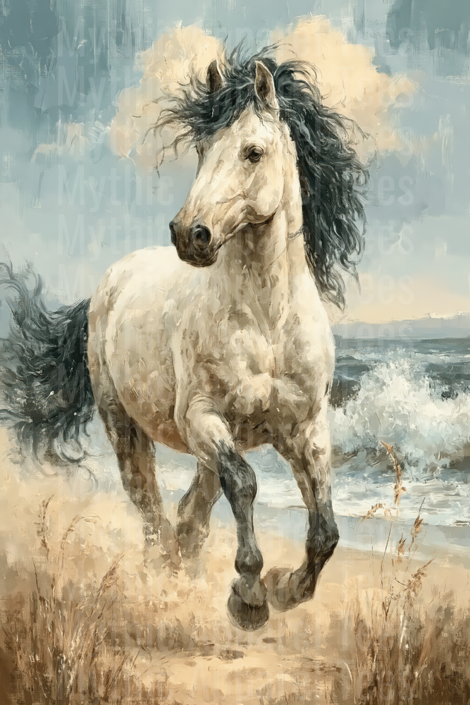 White Horse with Dark Flowing Mane Galloping Along Ocean Beach Oil Painting Style