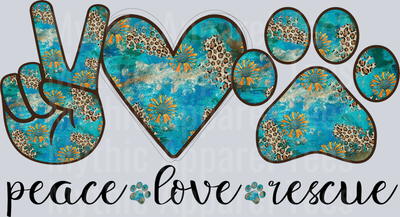 Peace Love Rescue teal and green colors DTF Dog Transfers